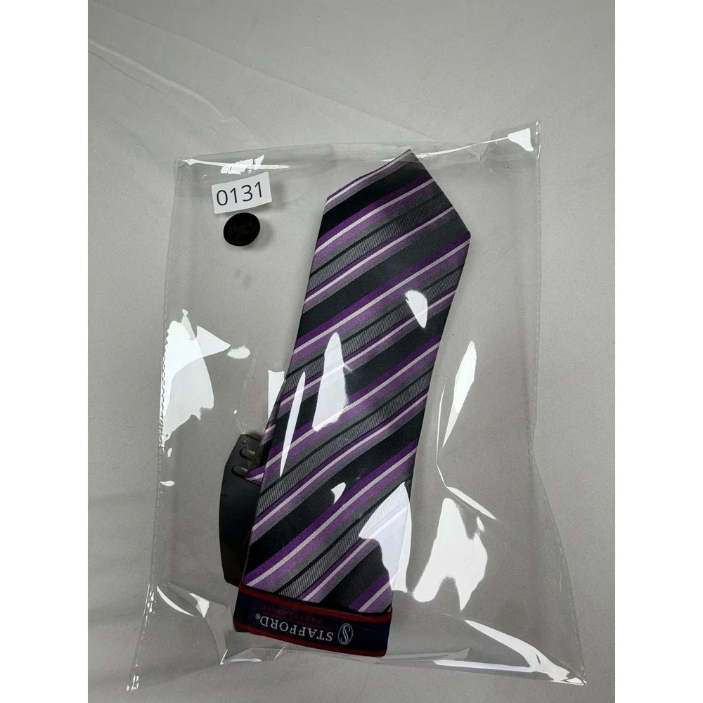 Stafford Performance Mens Silk Tie Violet Grey Black Striped Stain Resistant NEW